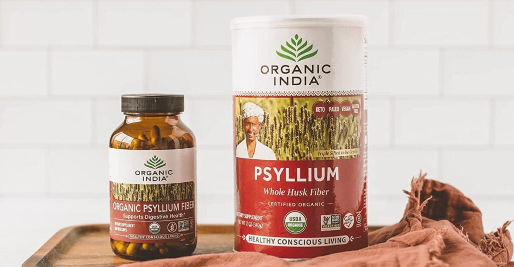 Bottles of Organic India Whole Husk Psyllium Supplement