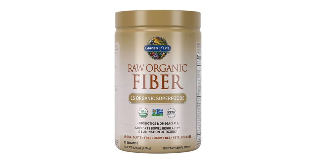 A bottle of raw organic fiber by garden of life