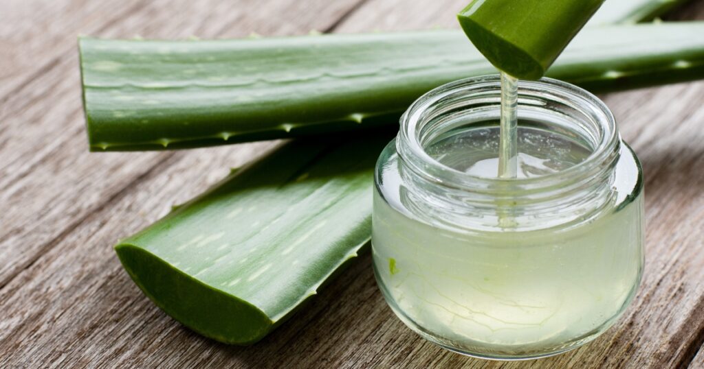 Aloe vera leaf and glass of aloe vera juice for natural stool softening